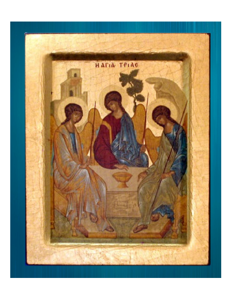 Véritable icône Byzantine de la Trinité, qui trouve toute sa splendeur dans l'éclat de ses couleurs et de son fond d'or.