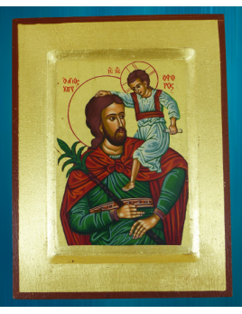 Véritable icône Byzantine de saint Christophe, qui trouve toute sa splendeur dans l'éclat de ses couleurs et de son fond d'or.