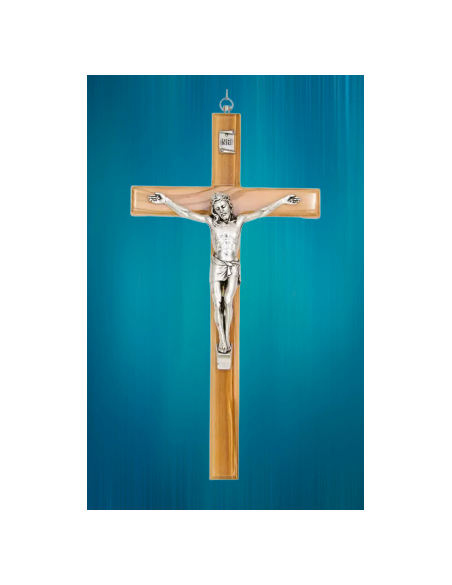 Crucifix en bois d'olivier avec le Christ en métal argenté