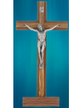 Crucifix sur socle en bois et en bois d'olivier avec Christ en métal argenté
