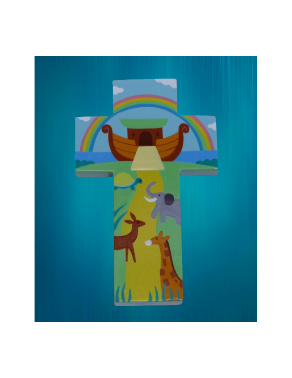 Croix enfantine en bois peint représentant l'arche de Noé