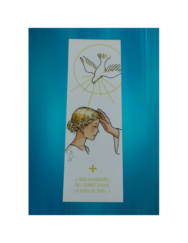 Un signet de Confirmation "Sois marqué(e) de l'Esprit-Saint" réalisé par l'Atelier Petit Page.