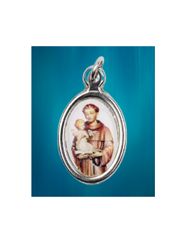 Médaille ovale en métal argenté et résine de saint Antoine portant l'Enfant-Jésus.