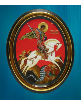 L'icône médaillon de saint Georges peut être posée sur un meuble ou fixée sur un support grâce à l'adhésif situé au dos.