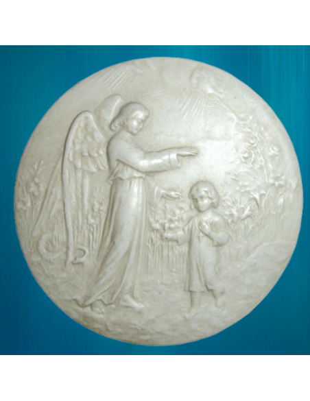 Joli médaillon en plâtre avec attache au dos de l'ange gardien bénissant un enfant
