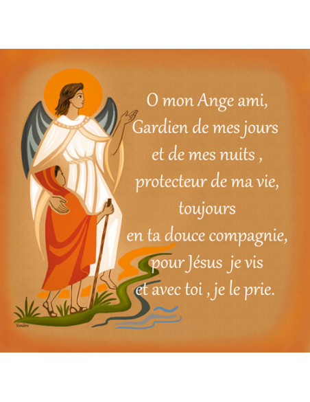 Plaquette en laminage représentant l'Ange gardien, avec une belle prière à l'ange gardien.