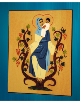 Plaquette en laminage représentant la Vierge à la Vigne, réalisée par les bénédictines de l'abbaye de Vénière.