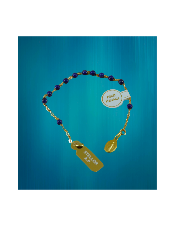 Ravissant bracelet-dizainier avec perles lapis lazuli avec une petite médaille miraculeuse