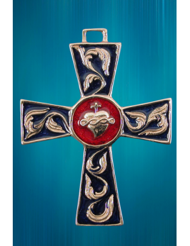 Croix en bronze avec un Sacré-Cœur sur fond rouge au centre.