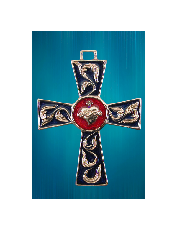 Croix en bronze avec un Sacré-Cœur sur fond rouge au centre.