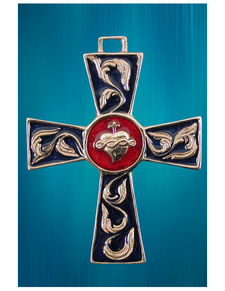 Croix en bronze avec un Sacré-Cœur sur fond rouge au centre.