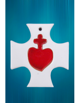 Jolie croix fantaisie en émail blanc avec le Sacré-Cœur.