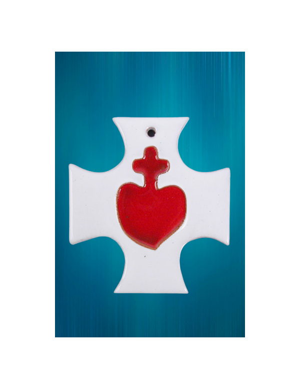 Jolie croix fantaisie en émail blanc avec le Sacré-Cœur.