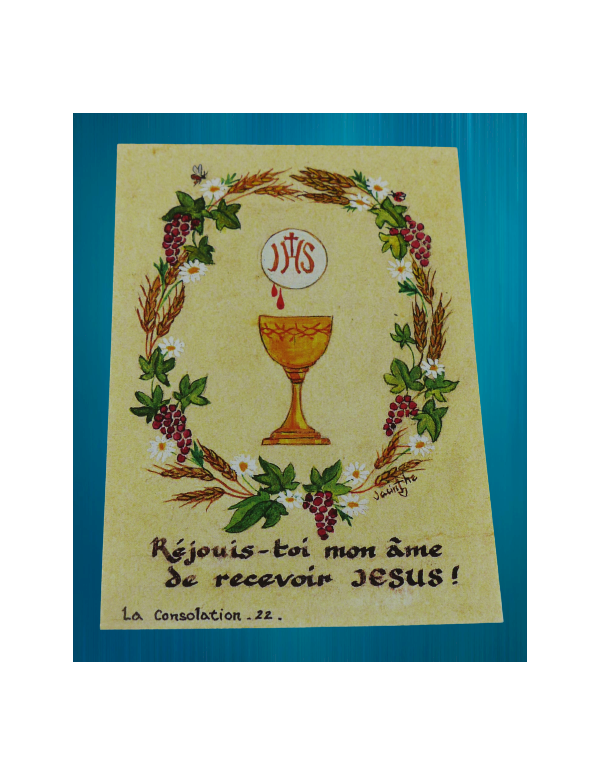 Image de première communion, réalisée par les sœurs de la Consolation.