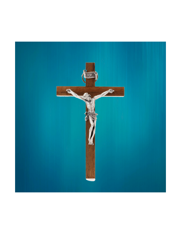 Petit crucifix, d'excellente facture, en bois de noyer et métal.