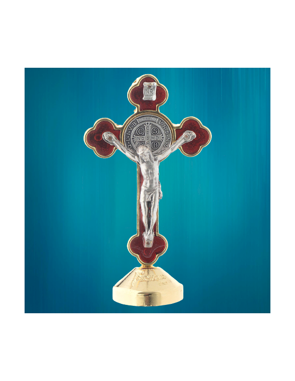 Petite croix de saint Benoît en métal émaillé rouge. Le Christ et la médaille sont en laiton argenté.