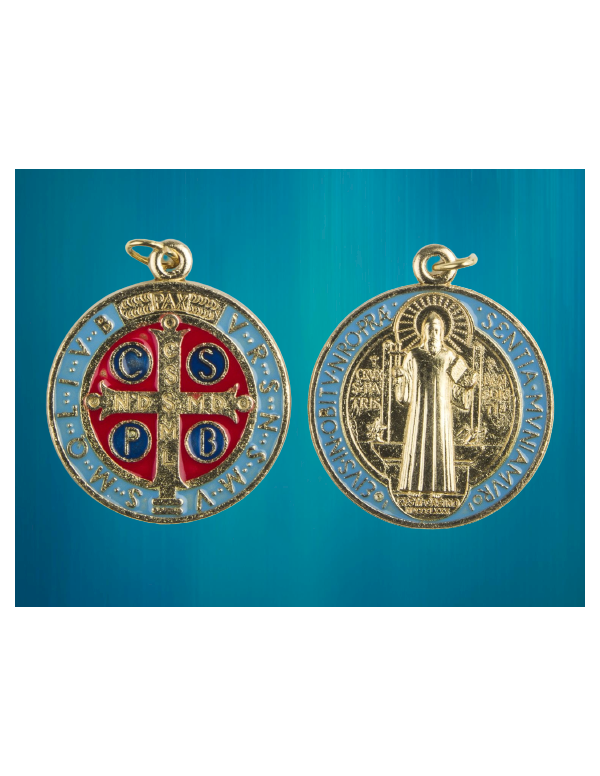Médaille de saint Benoît dorée et colorée – Librairie du Christ-Roi