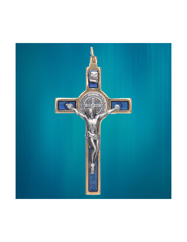 Pendentif Croix de saint Benoît en laiton émaillé bleu.