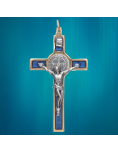 Pendentif Croix de saint Benoît en laiton émaillé bleu.