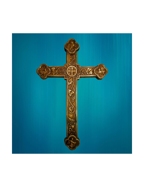 croix trilobée avec symboles des apôtres, en plâtre, ton bois doré