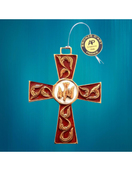 Croix en bronze émaillé rouge avec la colombe représentant le Saint-Esprit