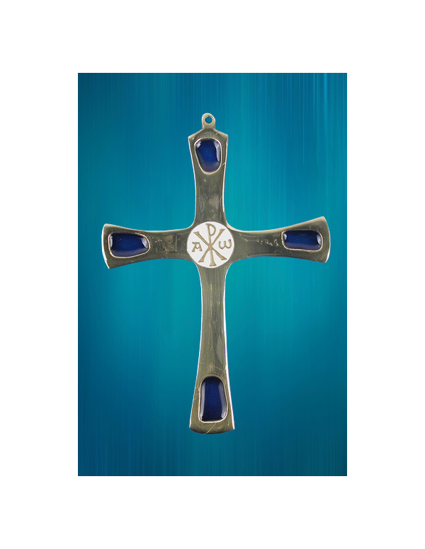 Croix en bronze avec au centre le chrisme, l'alpha et l'omega