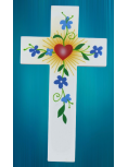 Croix enfantine Coeur et fleurs bleues