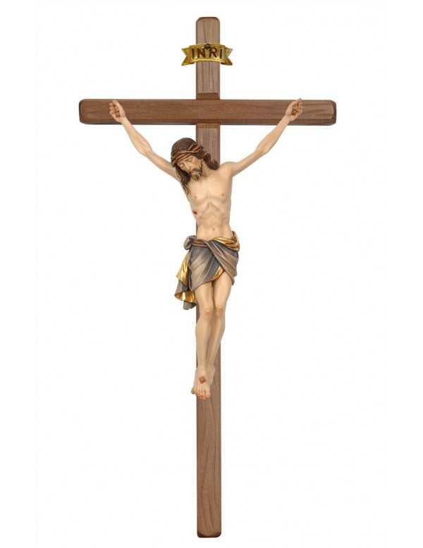 Magnifique crucifix avec christ en bois sculpté et peint en Italie