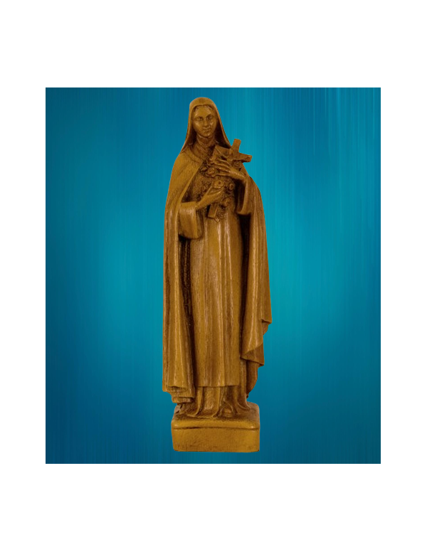 Jolie statue de sainte Thérèse de l'Enfant-Jésus en hydracal ton bois clair