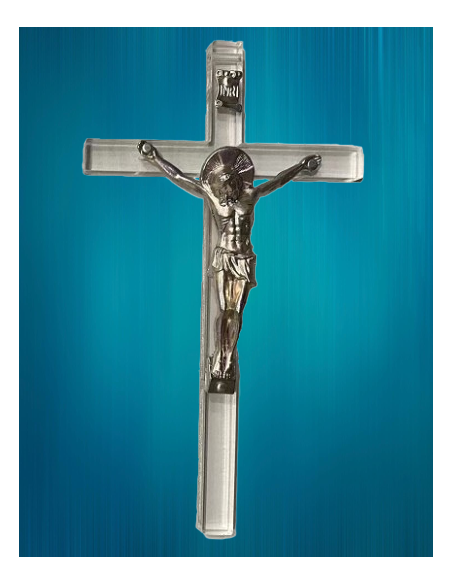 Crucifix en acrylique et Christ en métal argenté de dimension 14 x 8 cm