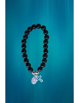 Bracelet Onyx avec petite croix et médaille miraculeuse