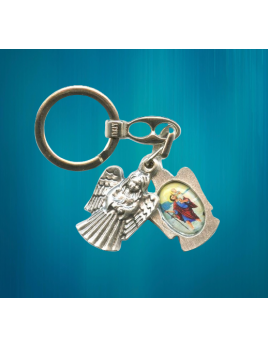 Porte-clés Ange coulissant, en métal, avec les images de Saint Christophe et de la Vierge miraculeuse.