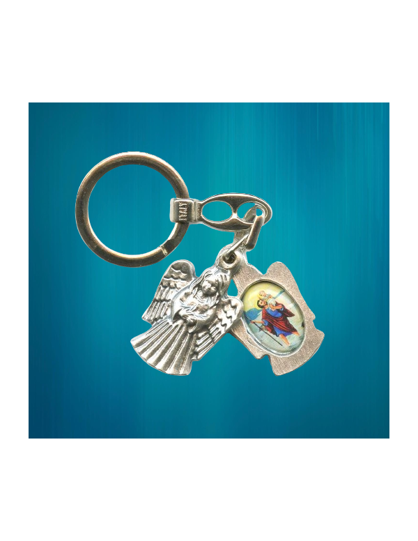 Porte-clés Ange coulissant, en métal, avec les images de Saint Christophe et de la Vierge miraculeuse.