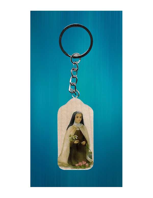 Porte-clés en bois avec l'image de sainte Thérèse de l'Enfant-Jésus.