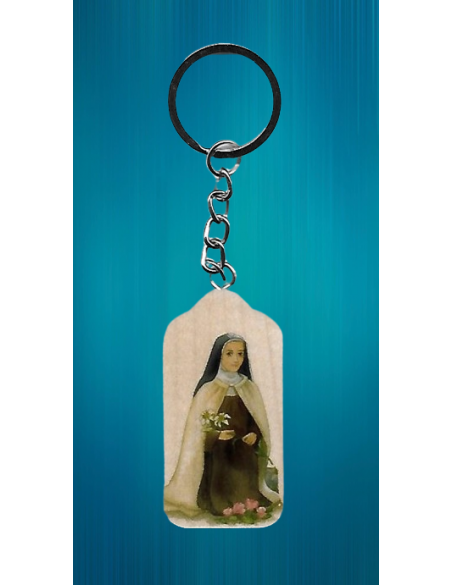Porte-clés en bois avec l'image de sainte Thérèse de l'Enfant-Jésus.