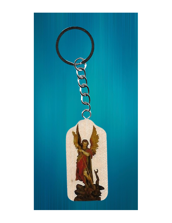 Porte-clés en bois naturel avec l'image de saint Michel