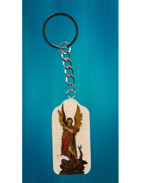 Porte-clés en bois naturel avec l'image de saint Michel