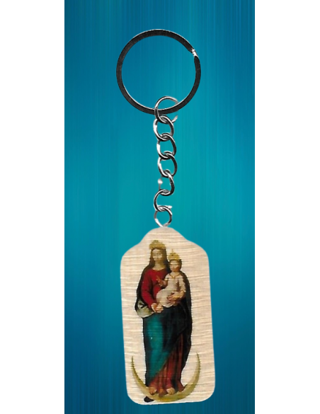 Porte-clés en bois naturel avec l'image de Notre-Dame de Cotignac.