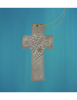 Croix en terre cuite avec symbole du blé et de la vigne