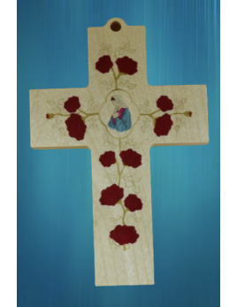 croix en bois Vierge et roses rouges