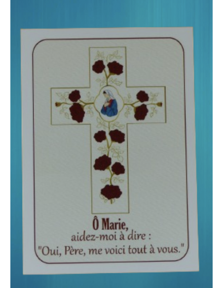 Une image de la Croix avec la Vierge Marie au centre et des roses rouges sur les branches.