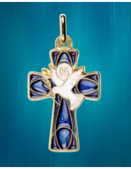 Une croix, en métal doré, émaillée bleue avec une Colombe.