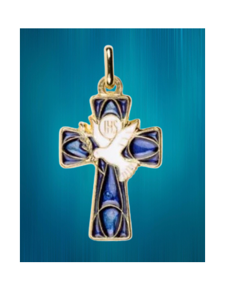 Une croix, en métal doré, émaillée bleue avec une Colombe.