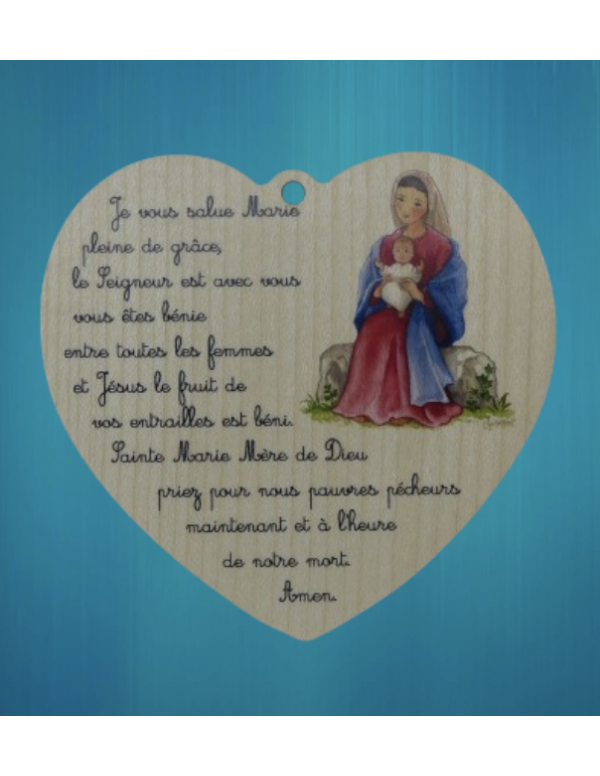 Joli médaillon en bois avec le "Je vous salue Marie".