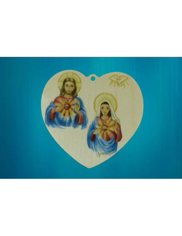 Joli médaillon en bois avec le Sacré-Cœur de Jésus et de Marie.