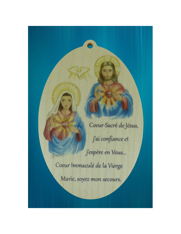 Joli médaillon en bois du Sacré-Cœur de Jésus et Marie.