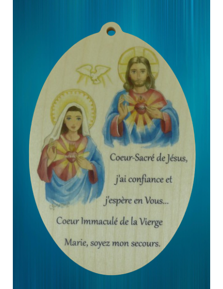 Joli médaillon en bois du Sacré-Cœur de Jésus et Marie.