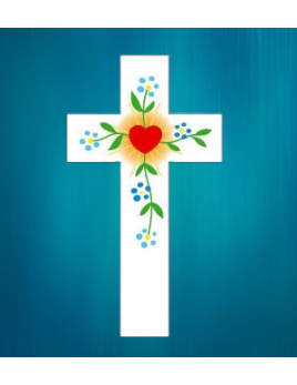 Jolie croix enfantine avec au centre un coeur entouré de fleurs bleues.