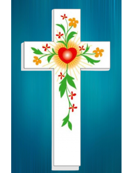 Jolie croix enfantine avec au centre un coeur entouré de fleurs oranges.
