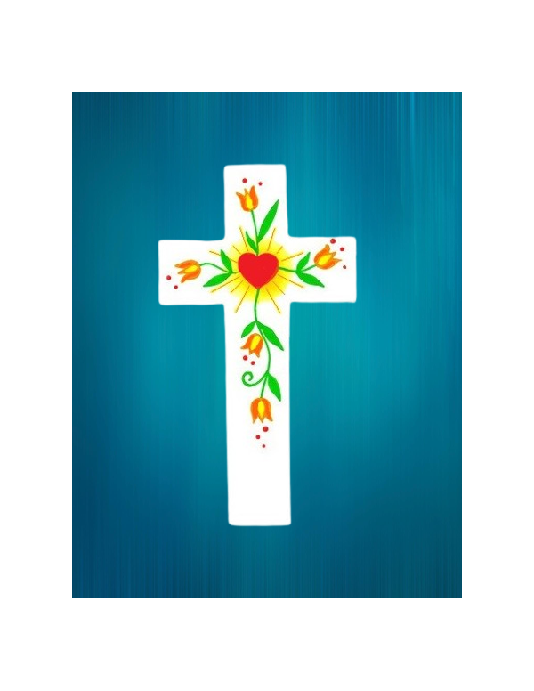 Petite croix enfantine coeur et fleurs oranges.